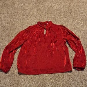Nine West Shimmery Scarlet Red Keyhole High Neck Longsleeve Blouse Size XL NWT